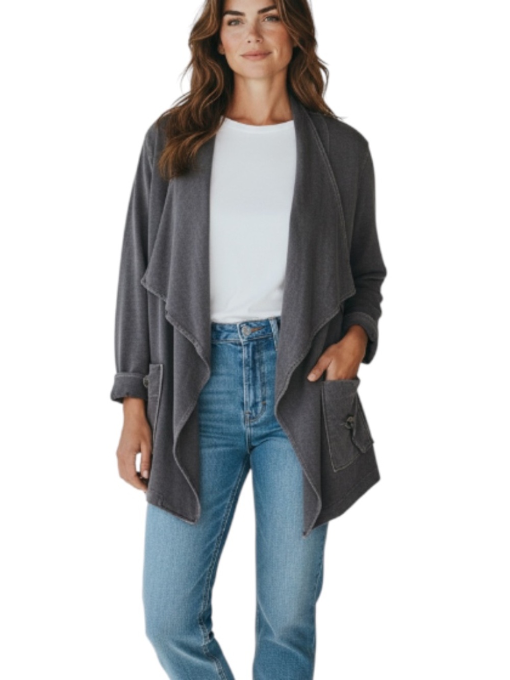 Poetry Womens Mineral Wash Draped Open Front Jacket Cardigan